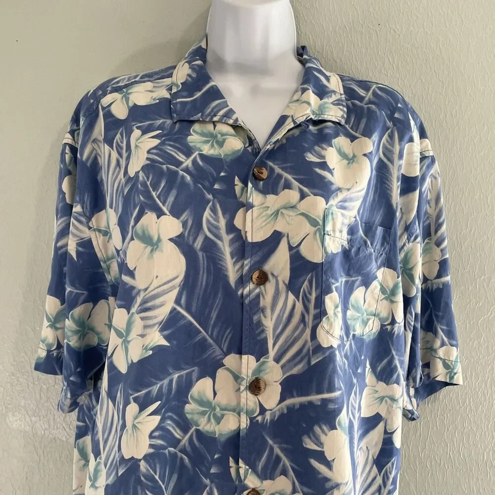 Tommy Bahama Shirt‎ Mens Large Blue White Silk Hawaiian Aloha Button Front Camp - Picture 2 of 6